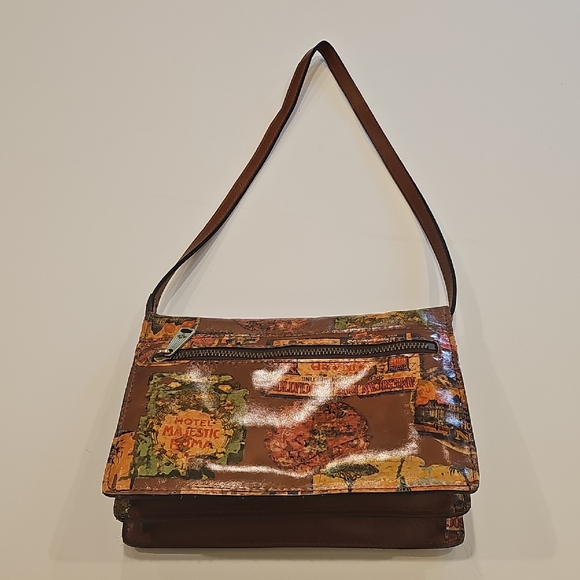 Patricia Nash Brown Multi-Color Travel Stamp Shoulder Bag 9"x7" - Picture 4 of 12